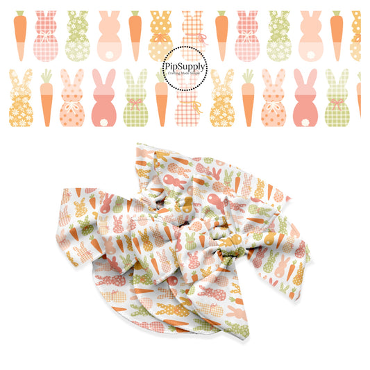 These spring pattern themed no sew bow strips can be easily tied and attached to a clip for a finished hair bow. These patterned bow strips are great for personal use or to sell. These bow strips features warm toned multi-colored bunnies and carrots on white. 