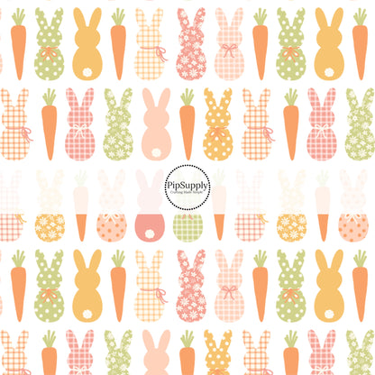 These spring patterned headband kits are easy to assemble and come with everything you need to make your own knotted headband. These kits include a custom printed and sewn fabric strip and a coordinating velvet headband. This cute pattern features warm toned multi-colored bunnies and carrots on cream. 