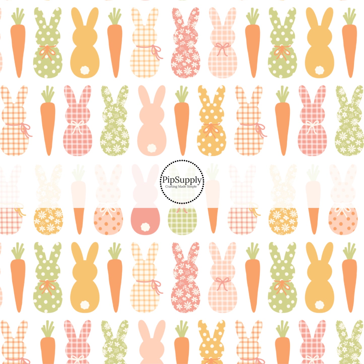 These spring pattern themed no sew bow strips can be easily tied and attached to a clip for a finished hair bow. These patterned bow strips are great for personal use or to sell. These bow strips features warm toned multi-colored bunnies and carrots on white. 