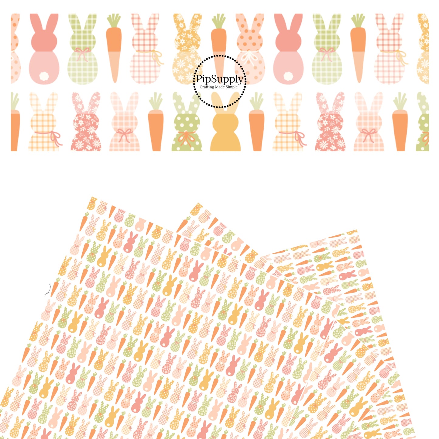 These spring pattern themed faux leather sheets contain the following design elements: warm toned multi-colored bunnies and carrots on white. Our CPSIA compliant faux leather sheets or rolls can be used for all types of crafting projects.