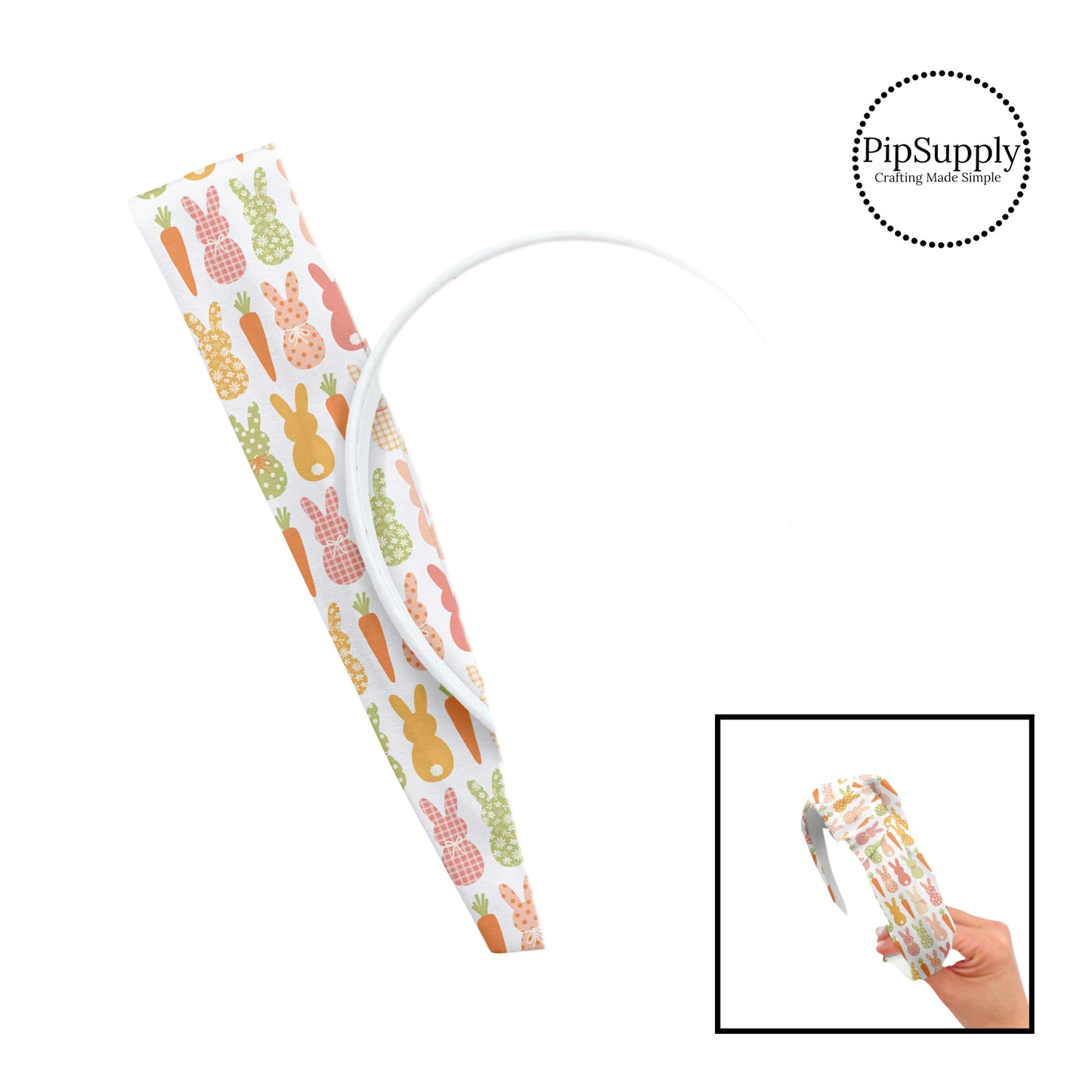 These spring patterned headband kits are easy to assemble and come with everything you need to make your own knotted headband. These kits include a custom printed and sewn fabric strip and a coordinating velvet headband. This cute pattern features warm toned multi-colored bunnies and carrots on cream. 