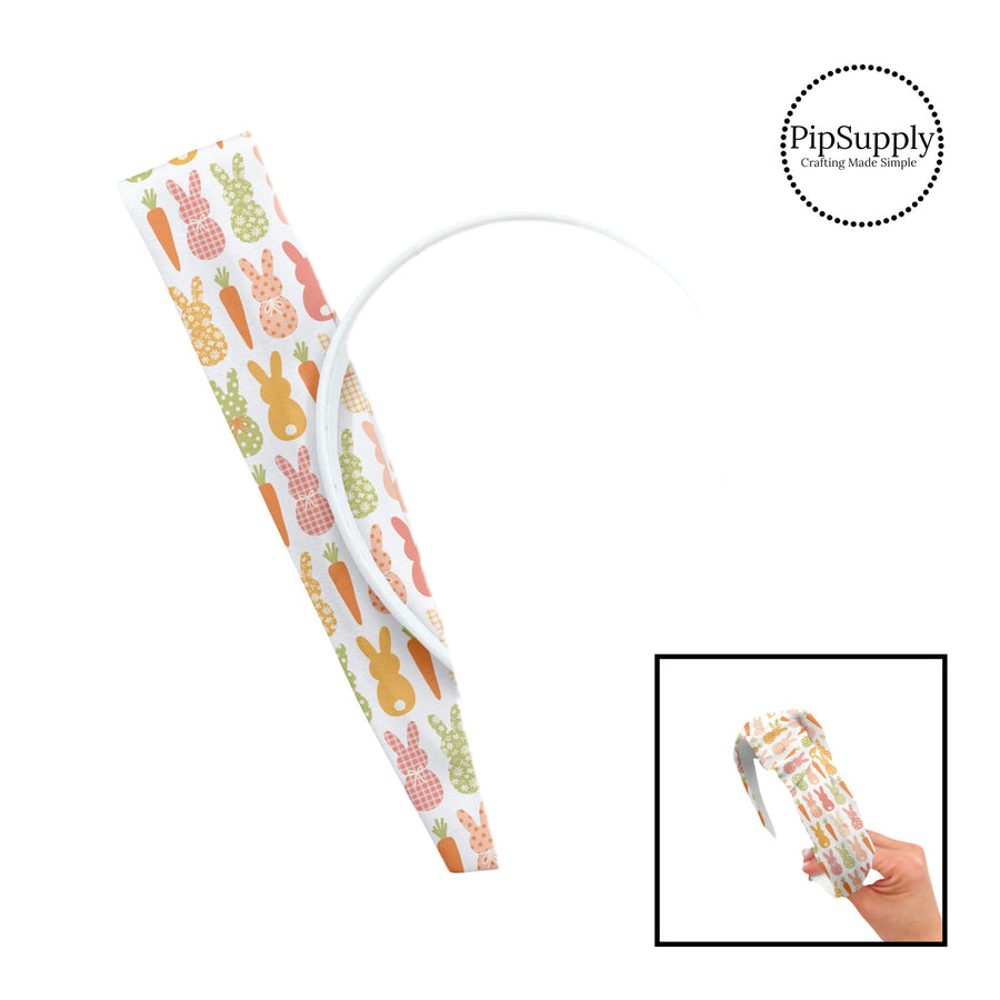 These spring patterned headband kits are easy to assemble and come with everything you need to make your own knotted headband. These kits include a custom printed and sewn fabric strip and a coordinating velvet headband. This cute pattern features warm toned multi-colored bunnies and carrots on cream. 