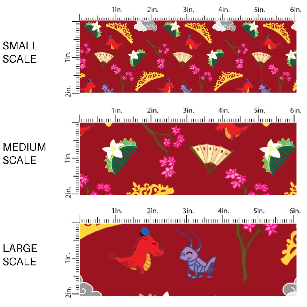 This scale chart of small scale, medium scale, and large scale of this magical adventure inspired fabric by the yard features the following design: princess crowns, dragons, and flowers on red. This fun themed fabric can be used for all your sewing and crafting needs!