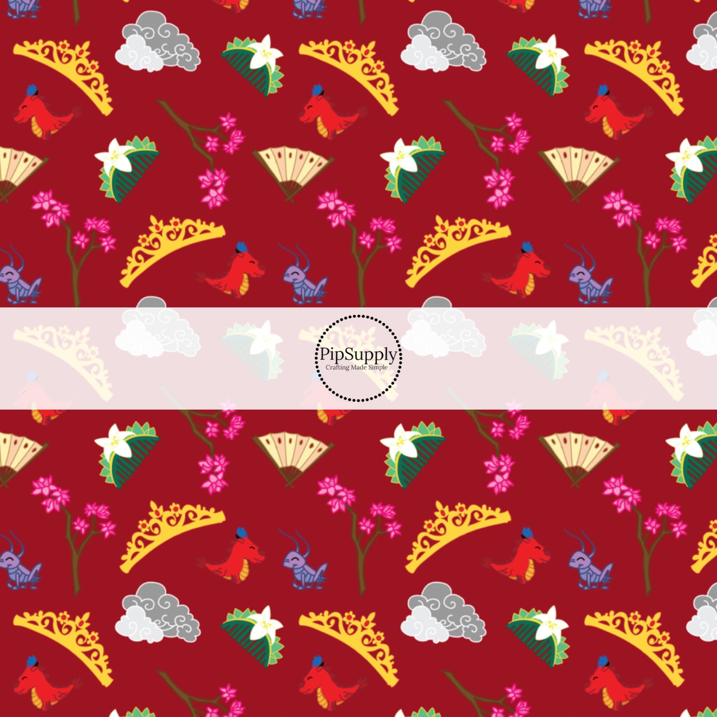 This magical adventure inspired fabric by the yard features the following design: princess crowns, dragons, and flowers on red. This fun themed fabric can be used for all your sewing and crafting needs!