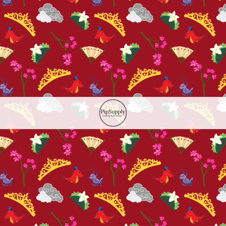 This magical adventure inspired fabric by the yard features the following design: princess crowns, dragons, and flowers on red. This fun themed fabric can be used for all your sewing and crafting needs!