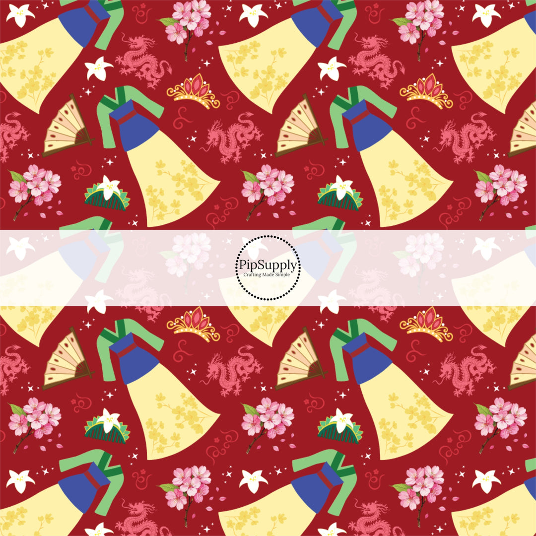 These magical princess themed fabric by the yard features dresses, tiaras, and flowers on red. This fun pattern fabric can be used for all your sewing and crafting needs!