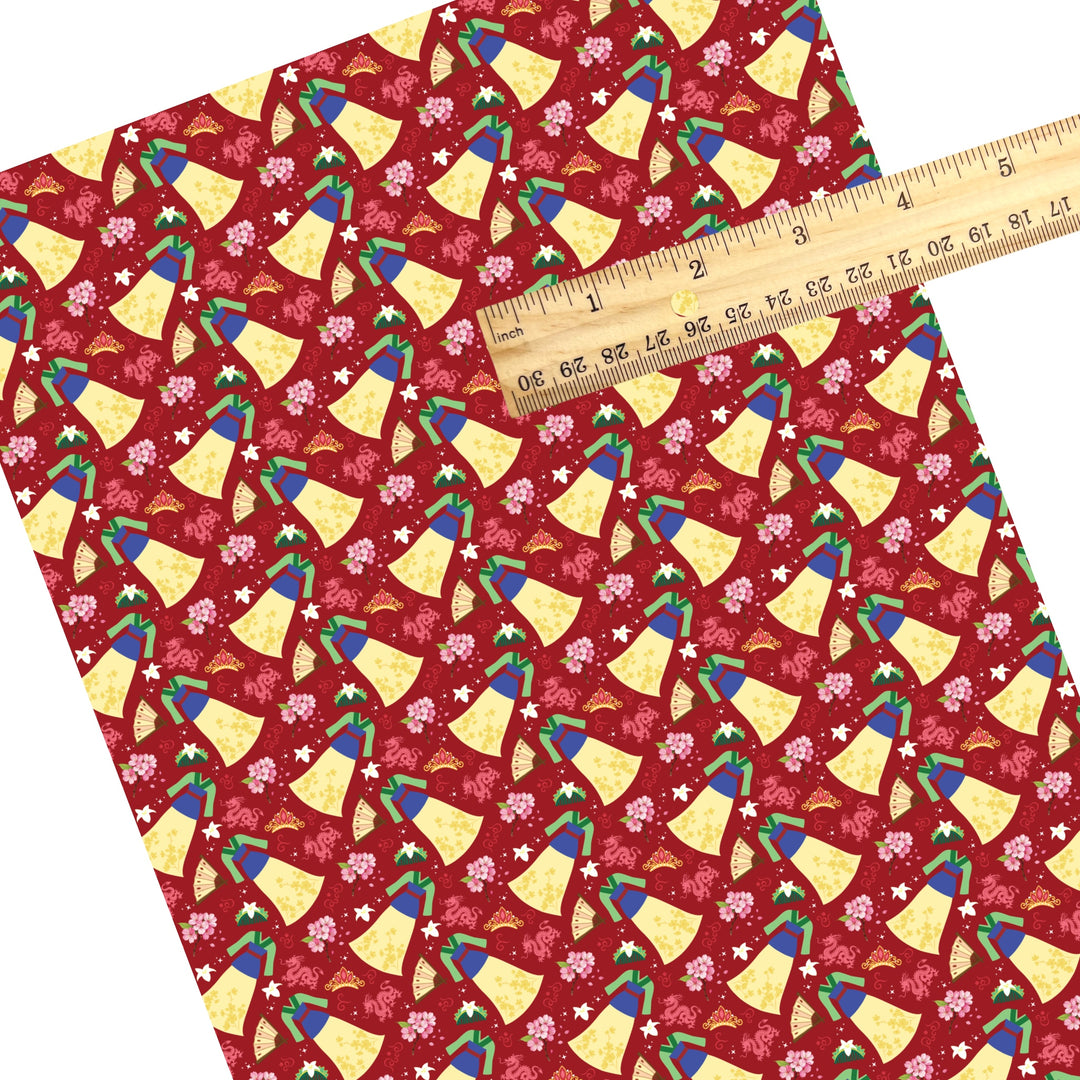 These magical princess themed faux leather sheets contain the following design elements: dresses, tiaras, and flowers on red. Our CPSIA compliant faux leather sheets or rolls can be used for all types of crafting projects.
