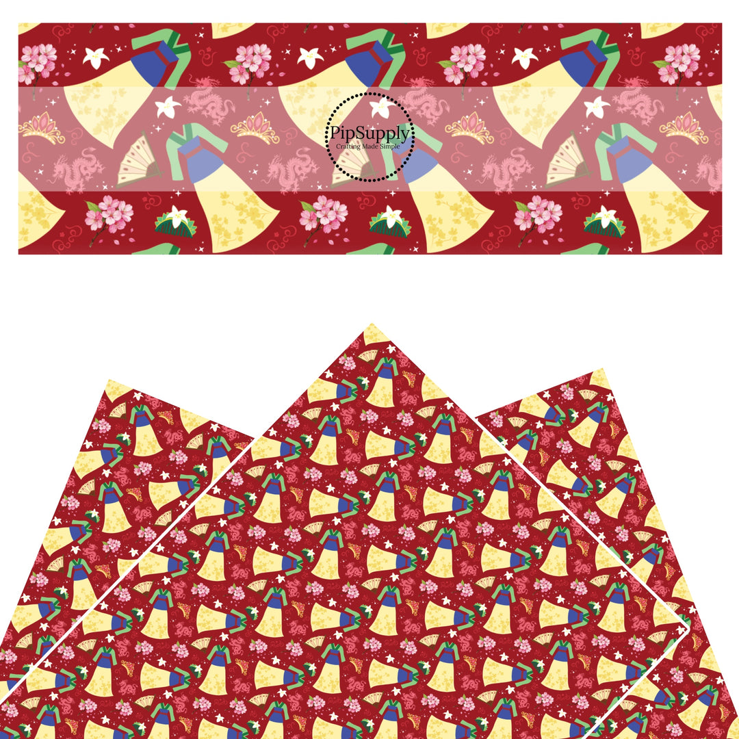 These magical princess themed faux leather sheets contain the following design elements: dresses, tiaras, and flowers on red. Our CPSIA compliant faux leather sheets or rolls can be used for all types of crafting projects.