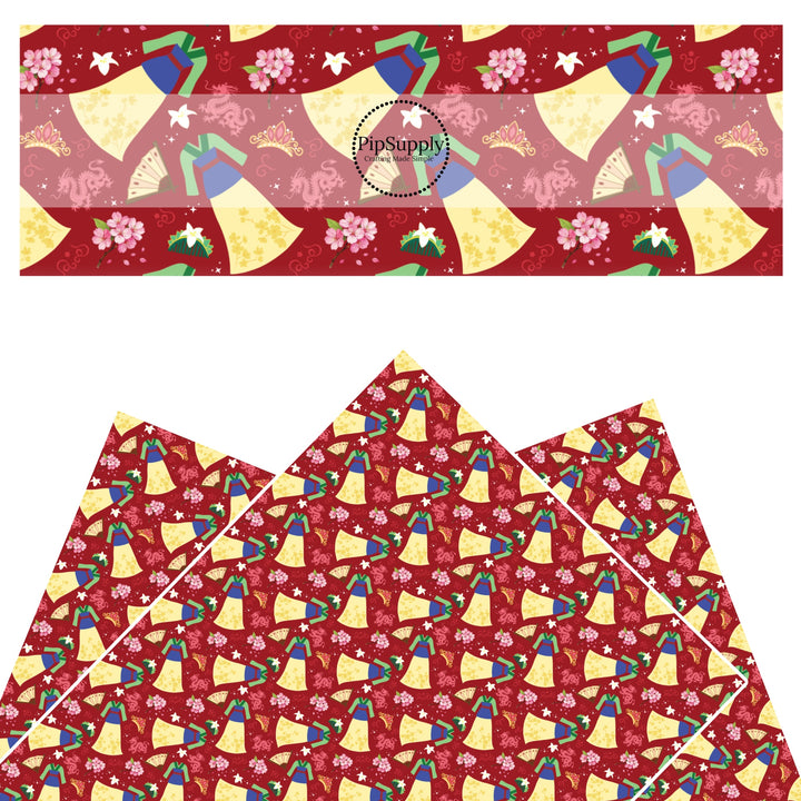 These magical princess themed faux leather sheets contain the following design elements: dresses, tiaras, and flowers on red. Our CPSIA compliant faux leather sheets or rolls can be used for all types of crafting projects.
