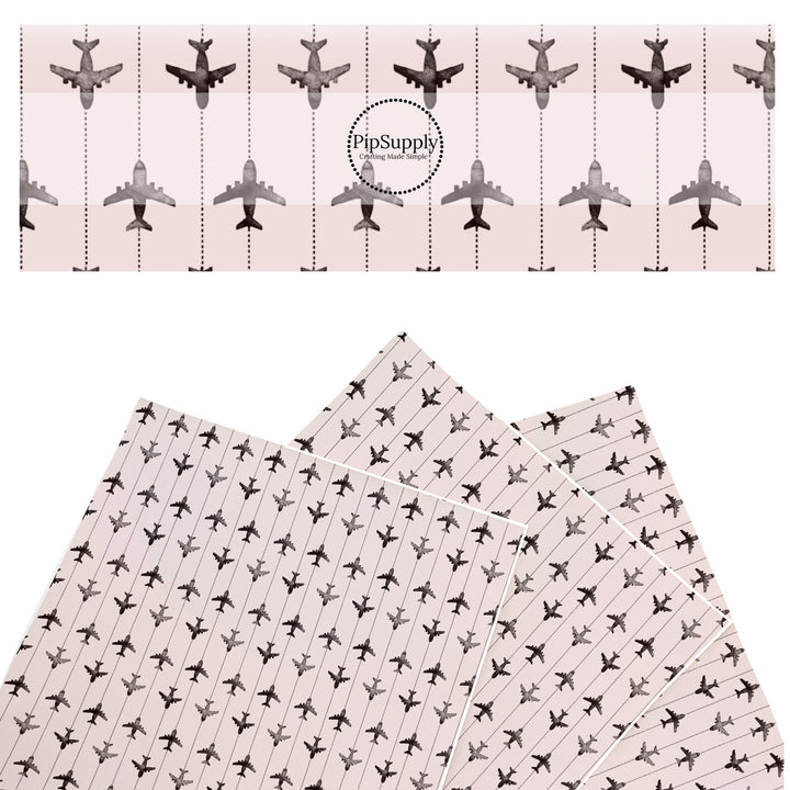 These travel themed faux leather sheets contain the following design elements: airplanes on grey pattern. Our CPSIA compliant faux leather sheets or rolls can be used for all types of crafting projects.