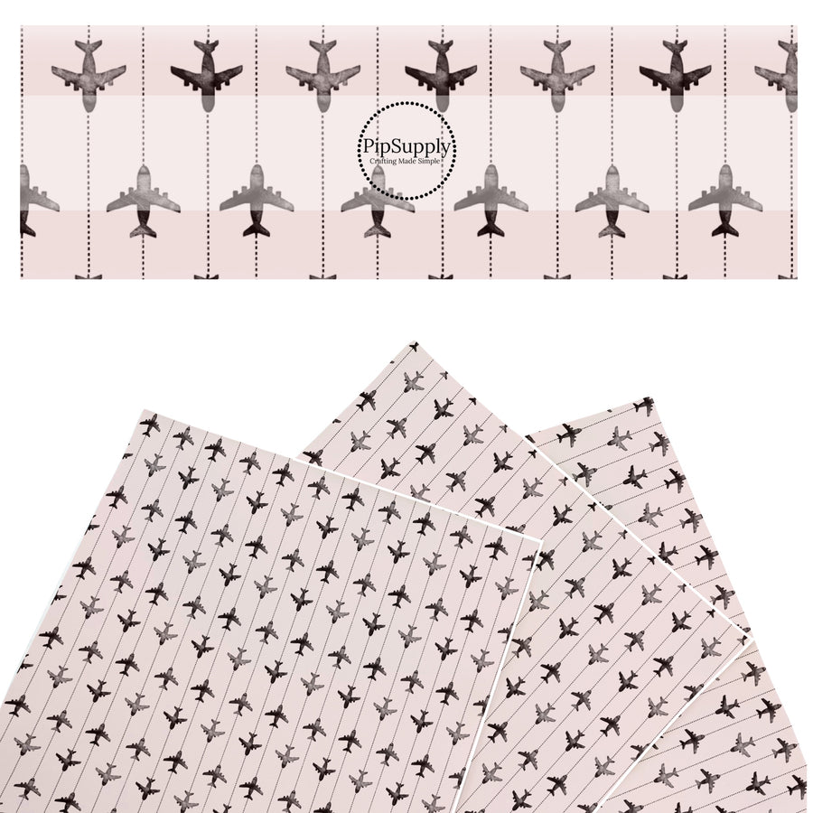 These travel themed faux leather sheets contain the following design elements: airplanes on grey pattern. Our CPSIA compliant faux leather sheets or rolls can be used for all types of crafting projects.