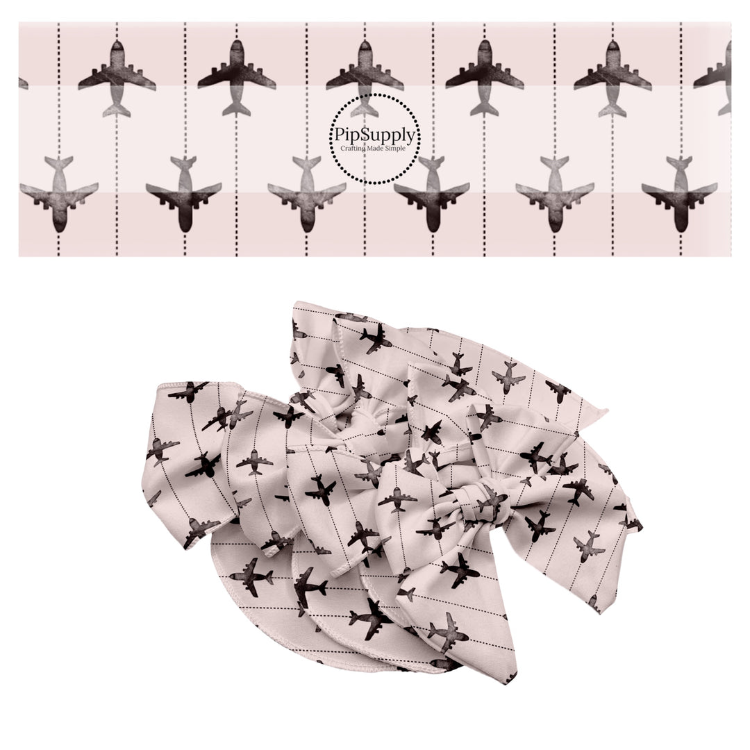 These travel themed no sew bow strips can be easily tied and attached to a clip for a finished hair bow. These bow strips are great for personal use or to sell. These bow strips feature the following design elements: airplanes on grey pattern.
