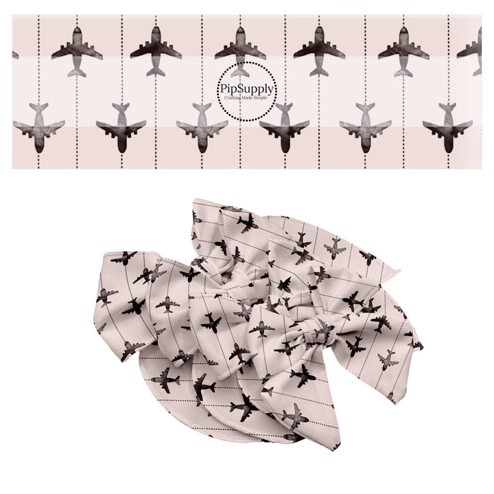 These travel themed no sew bow strips can be easily tied and attached to a clip for a finished hair bow. These bow strips are great for personal use or to sell. These bow strips feature the following design elements: airplanes on grey pattern.