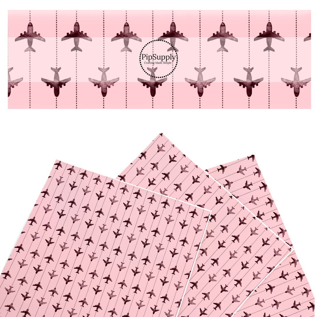 These travel themed faux leather sheets contain the following design elements: airplanes on pink pattern. Our CPSIA compliant faux leather sheets or rolls can be used for all types of crafting projects.