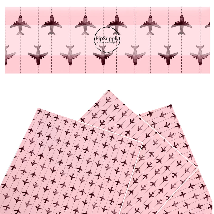 These travel themed faux leather sheets contain the following design elements: airplanes on pink pattern. Our CPSIA compliant faux leather sheets or rolls can be used for all types of crafting projects.
