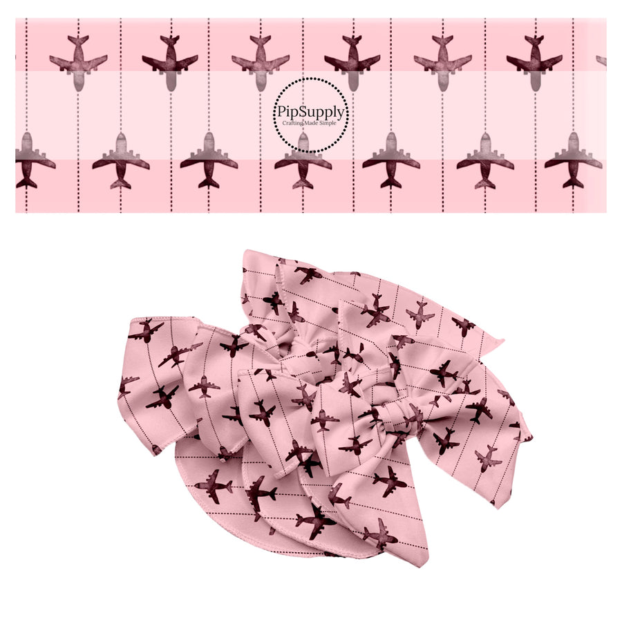 These travel themed no sew bow strips can be easily tied and attached to a clip for a finished hair bow. These bow strips are great for personal use or to sell. These bow strips feature the following design elements: airplanes on pink pattern.