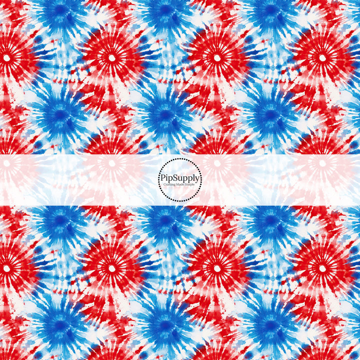 These patriotic fabric by the yard features red, white, and blue tie dye pattern. This fun pattern fabric can be used for all your sewing and crafting needs.