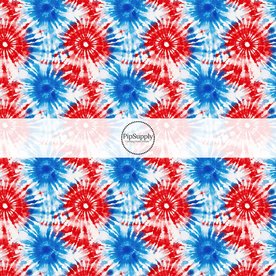 These patriotic fabric by the yard features red, white, and blue tie dye pattern. This fun pattern fabric can be used for all your sewing and crafting needs.