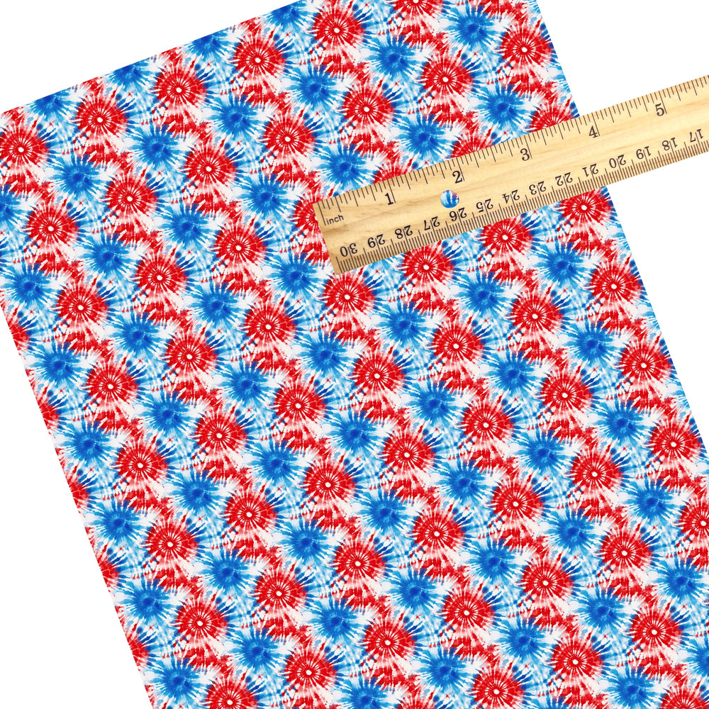 These patriotic faux leather sheets contain the following design elements: red, white, and blue tie dye pattern. Our CPSIA compliant faux leather sheets or rolls can be used for all types of crafting projects.