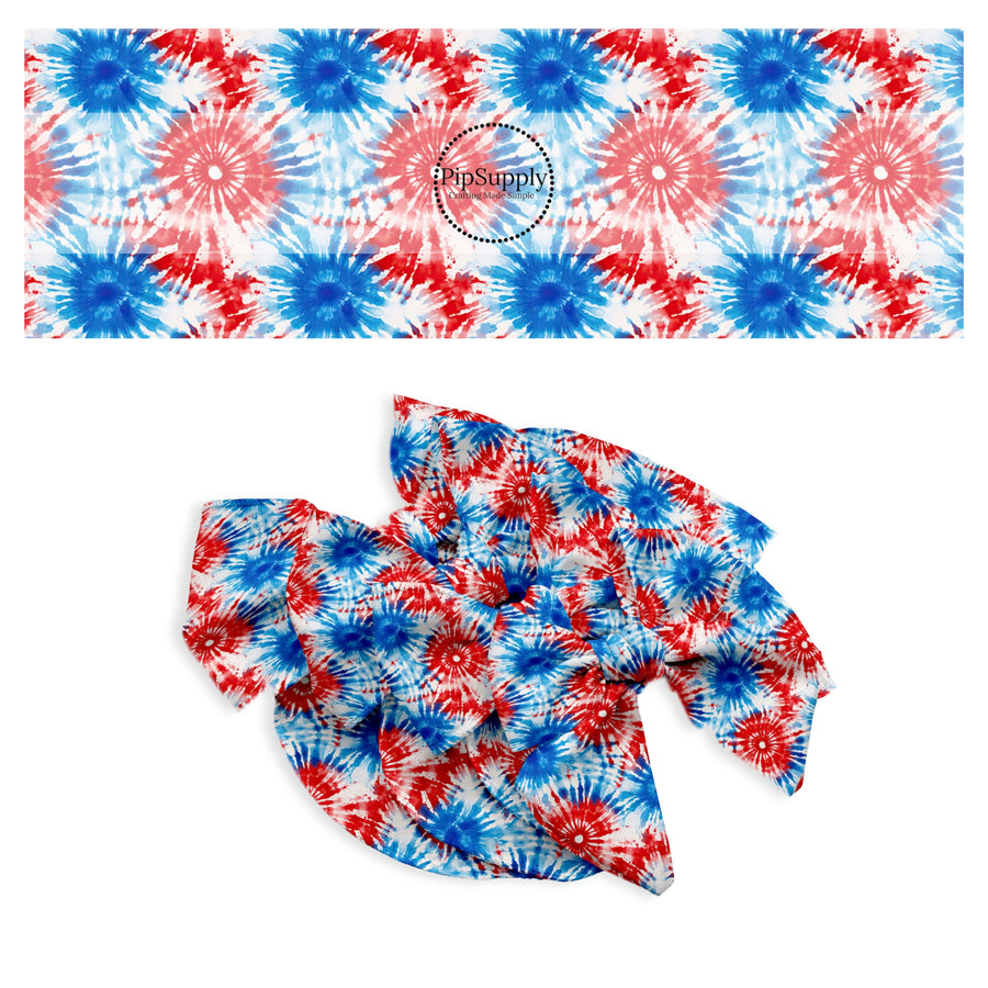 These patriotic tie dye pattern no sew bow strips can be easily tied and attached to a clip for a finished hair bow. These festive bow strips are great for personal use or to sell. These bow strips feature the following design elements: red, white, and blue tie dye pattern.