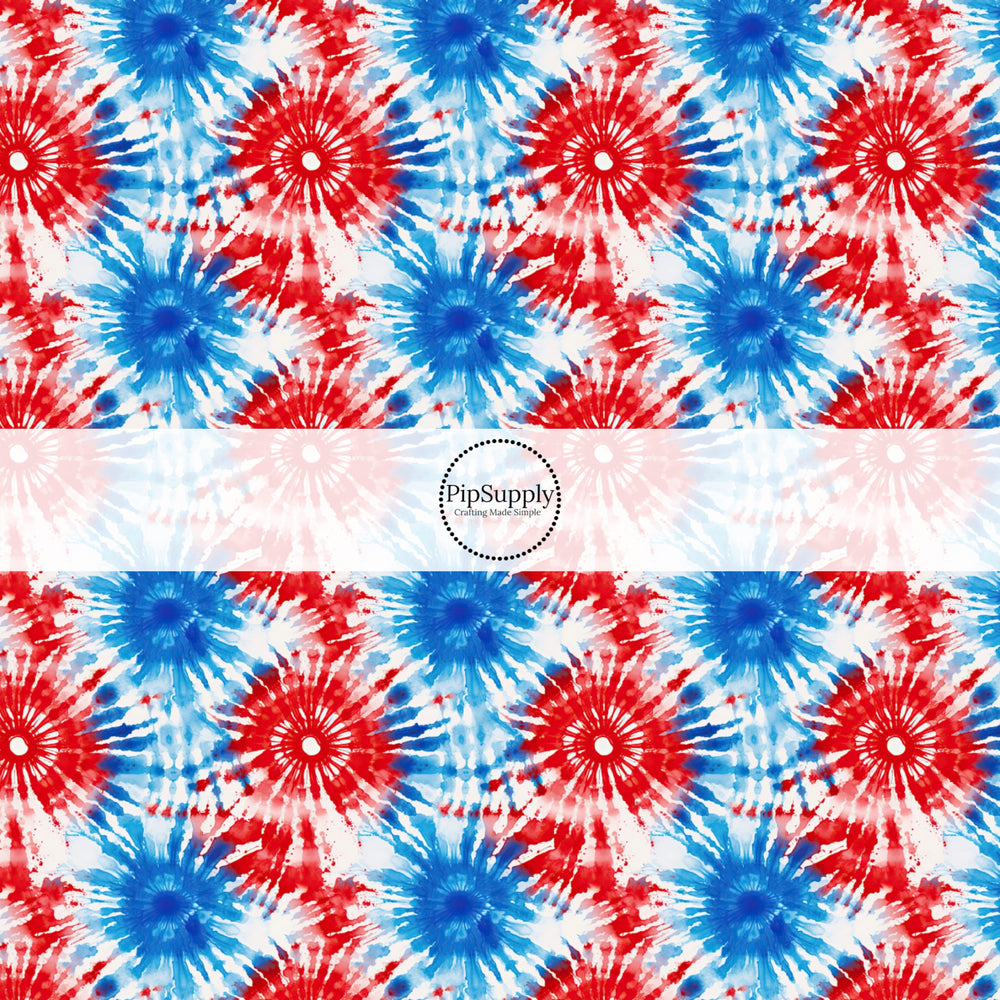 These patriotic tie dye pattern no sew bow strips can be easily tied and attached to a clip for a finished hair bow. These festive bow strips are great for personal use or to sell. These bow strips feature the following design elements: red, white, and blue tie dye pattern.