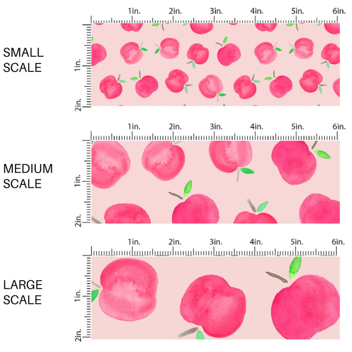 This scale chart of small scale, medium scale, and large scale of these school themed fabric by the yard features pink apples on light pink. This fun themed fabric can be used for all your sewing and crafting needs!