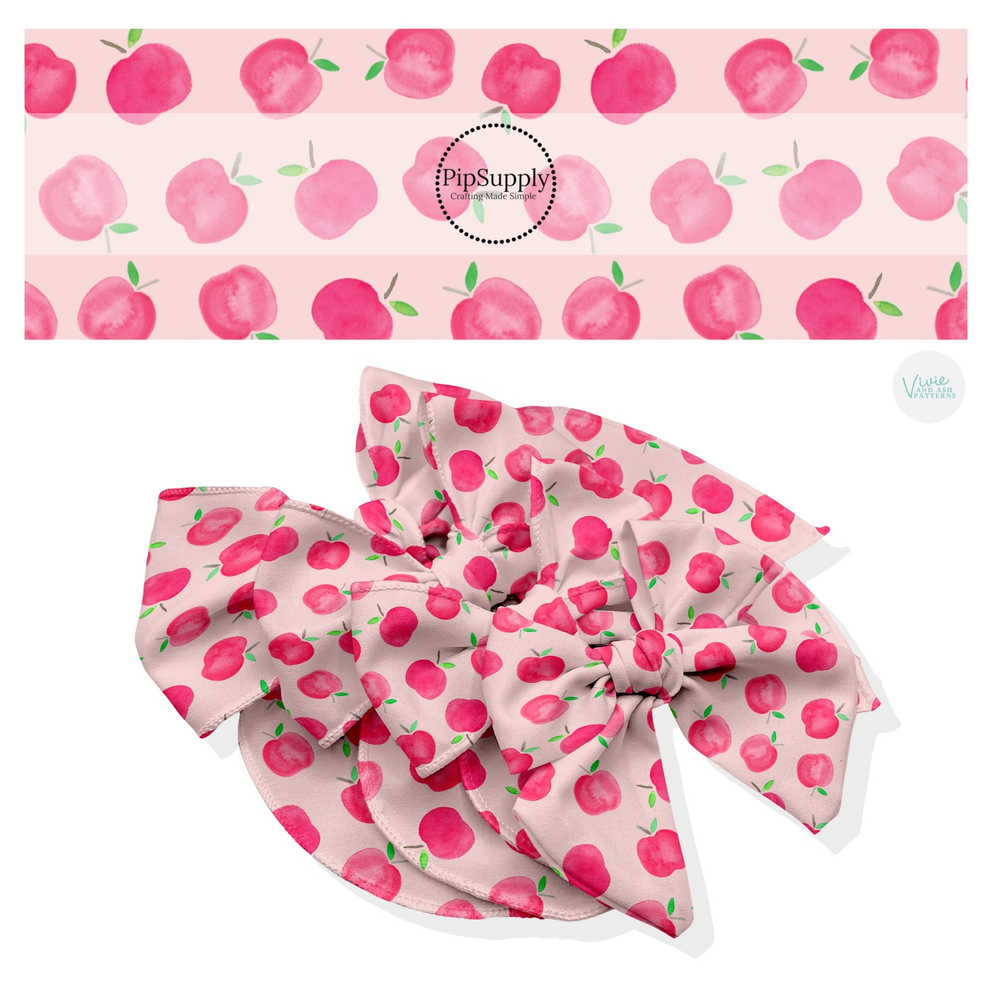 These school themed no sew bow strips can be easily tied and attached to a clip for a finished hair bow. These fun patterned bow strips are great for personal use or to sell. These bow strips feature pink apples on light pink.