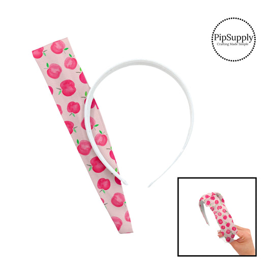 These school themed patterned headband kits are easy to assemble and come with everything you need to make your own knotted headband. These fun kits include a custom printed and sewn fabric strip and a coordinating velvet headband. This cute pattern features pink apples on light pink.