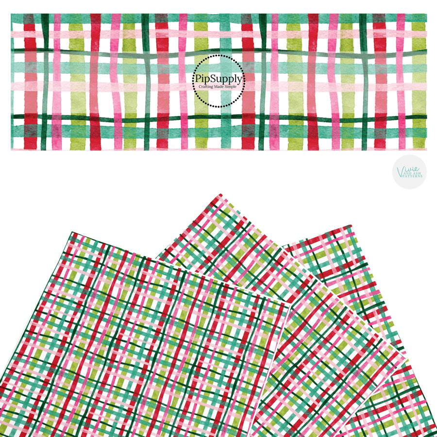 These winter plaid themed pattern faux leather sheets contain the following design elements: colorful Christmas plaid. Our CPSIA compliant faux leather sheets or rolls can be used for all types of crafting projects.