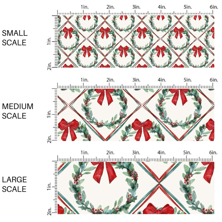 These Christmas themed pattern fabric by the yard features the following design elements: Christmas wreaths with red bows. This fun themed fabric can be used for all your sewing and crafting needs!