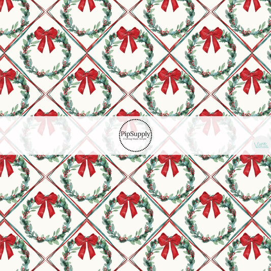 These Christmas themed pattern fabric by the yard features the following design elements: Christmas wreaths with red bows. This fun themed fabric can be used for all your sewing and crafting needs!