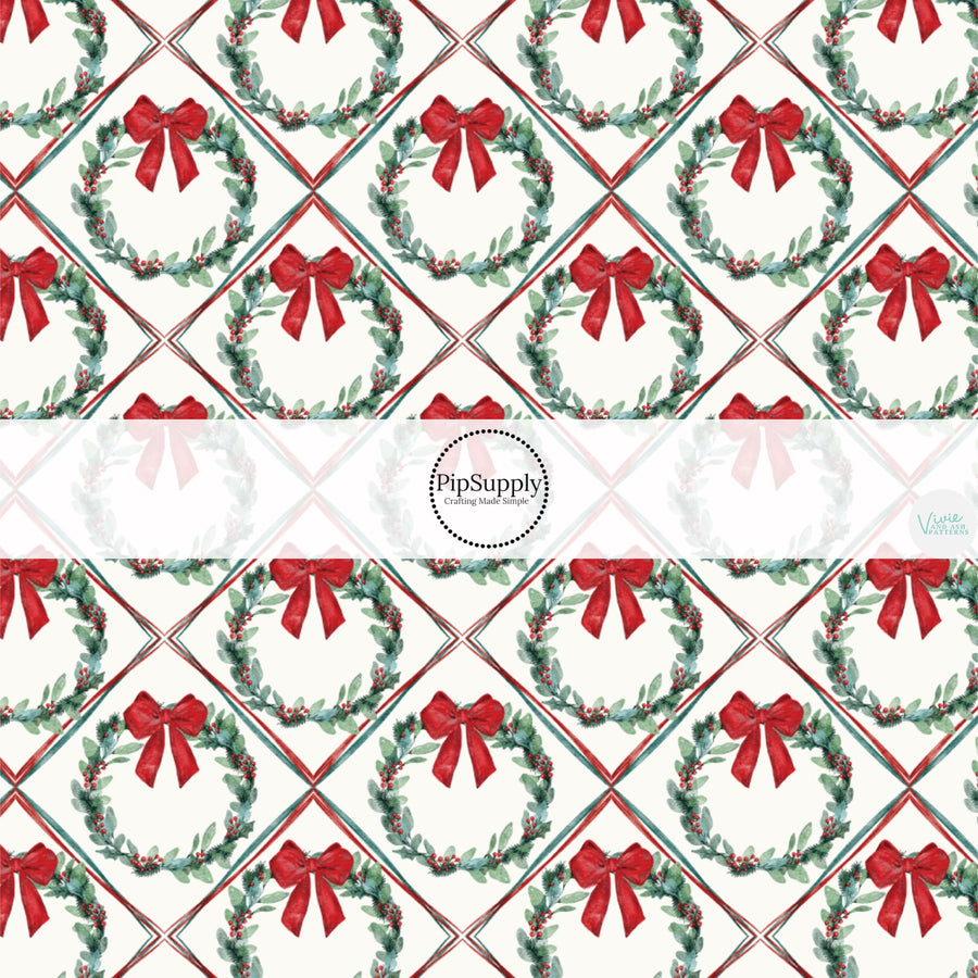 These Christmas themed pattern fabric by the yard features the following design elements: Christmas wreaths with red bows. This fun themed fabric can be used for all your sewing and crafting needs!