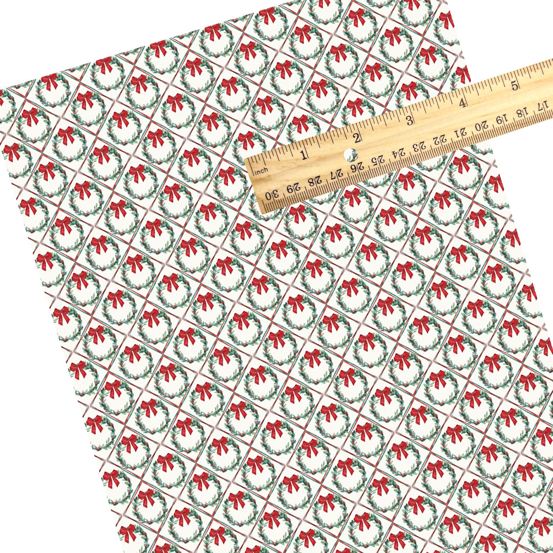 These Christmas themed pattern faux leather sheets contain the following design elements: Christmas wreaths with red bows. Our CPSIA compliant faux leather sheets or rolls can be used for all types of crafting projects.