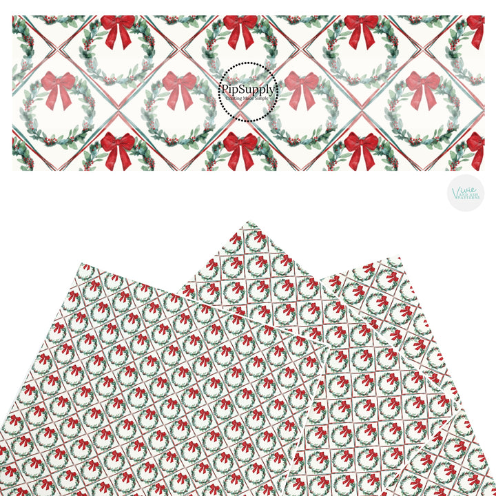 These Christmas themed pattern faux leather sheets contain the following design elements: Christmas wreaths with red bows. Our CPSIA compliant faux leather sheets or rolls can be used for all types of crafting projects.