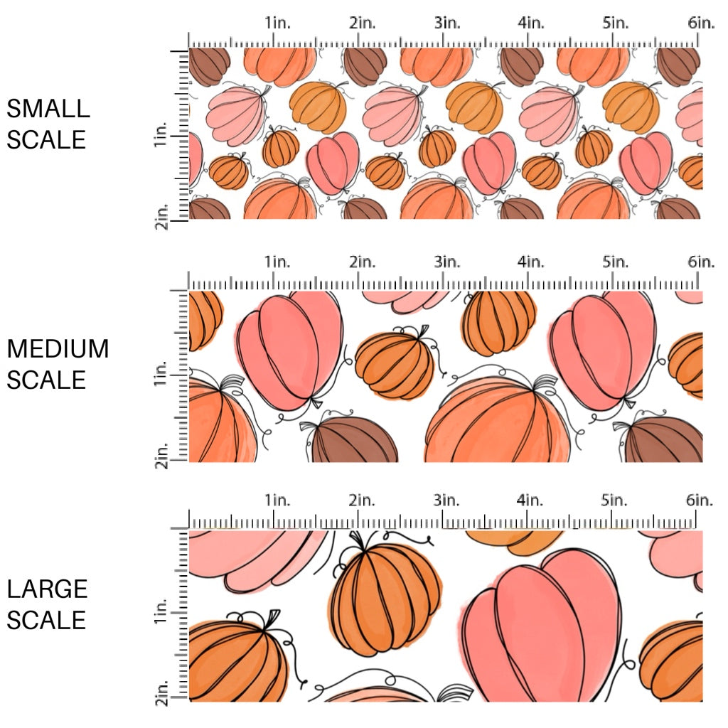 This scale chart of these fall themed pattern fabric by the yard features the following design elements: multi color pumpkins on white. This fun themed fabric can be used for all your sewing and crafting needs!