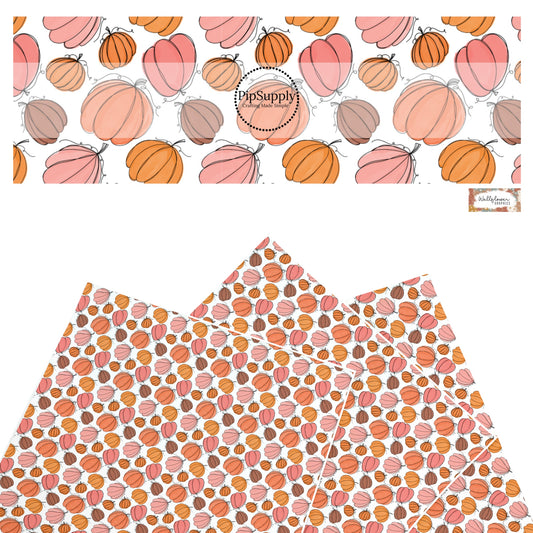 These fall themed pattern faux leather sheets contain the following design elements: multi color pumpkins on white. Our CPSIA compliant faux leather sheets or rolls can be used for all types of crafting projects.