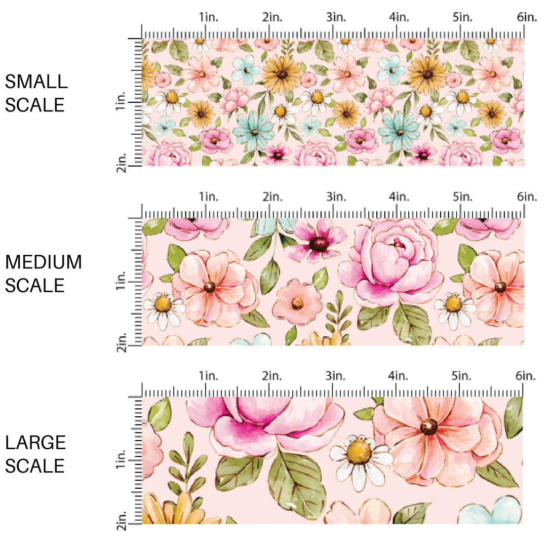 This scale chart of small scale, medium scale, and large scale of these floral themed pink fabric by the yard features light pink, orange, white and blue watercolor floral flowers on light pink. This fun floral summer themed fabric can be used for all your sewing and crafting needs! 