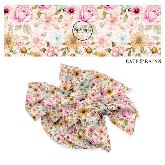 These floral themed pink no sew bow strips can be easily tied and attached to a clip for a finished hair bow. These fun summer floral themed bow strips features light pink, orange, white, and blue watercolor floral flowers in light pink are great for personal use or to sell.