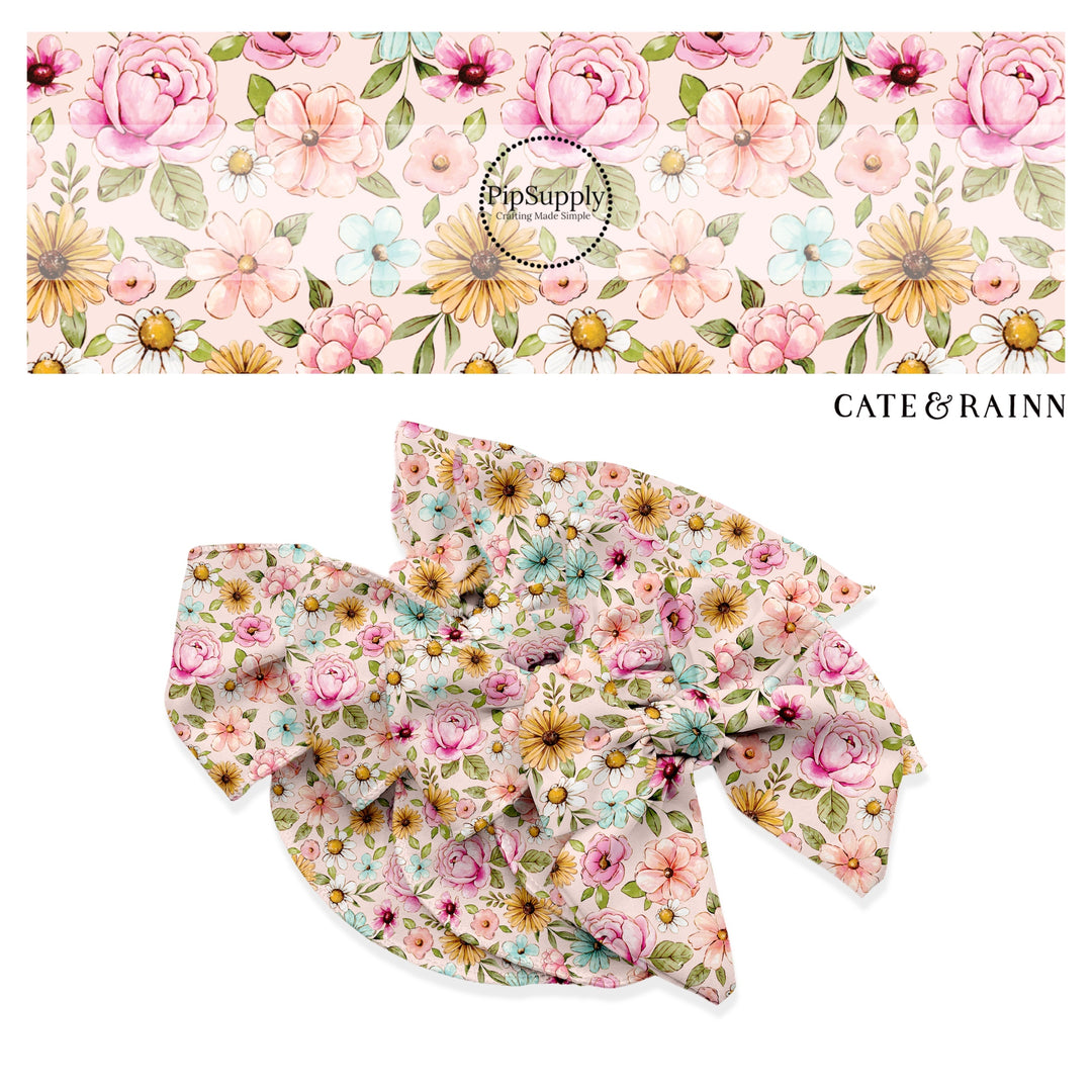 These floral themed pink no sew bow strips can be easily tied and attached to a clip for a finished hair bow. These fun summer floral themed bow strips features light pink, orange, white, and blue watercolor floral flowers in light pink are great for personal use or to sell.