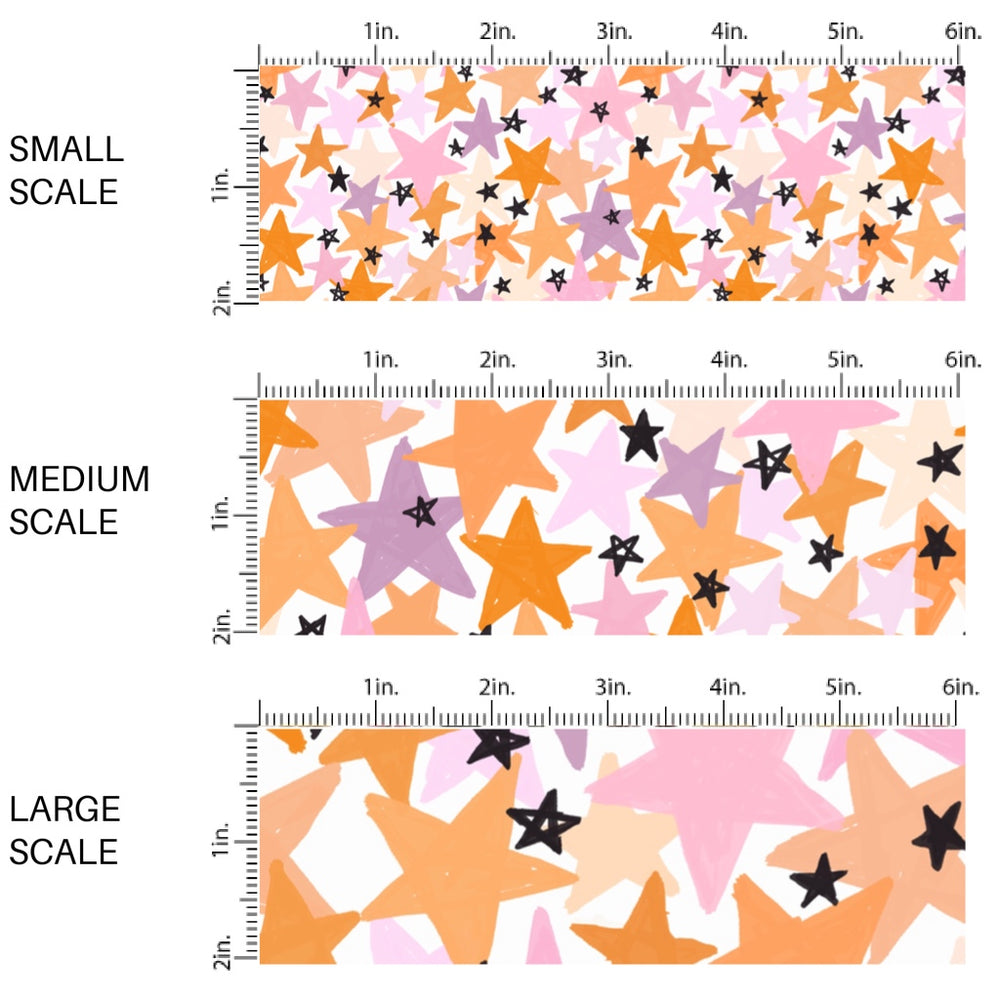 This scale chart of small scale, medium scale, and large scale of these Halloween themed pattern fabric by the yard features the following design elements: colorful stars. This fun spooky themed fabric can be used for all your sewing and crafting needs!