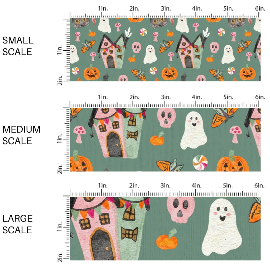 This scale chart of small scale, medium scale, and large scale of these Halloween themed pattern fabric by the yard features the following design elements: Halloween ghost and pumpkins on green. This fun spooky themed fabric can be used for all your sewing and crafting needs!