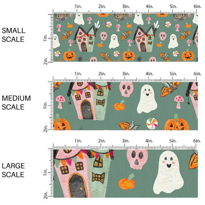 This scale chart of small scale, medium scale, and large scale of these Halloween themed pattern fabric by the yard features the following design elements: Halloween ghost and pumpkins on green. This fun spooky themed fabric can be used for all your sewing and crafting needs!