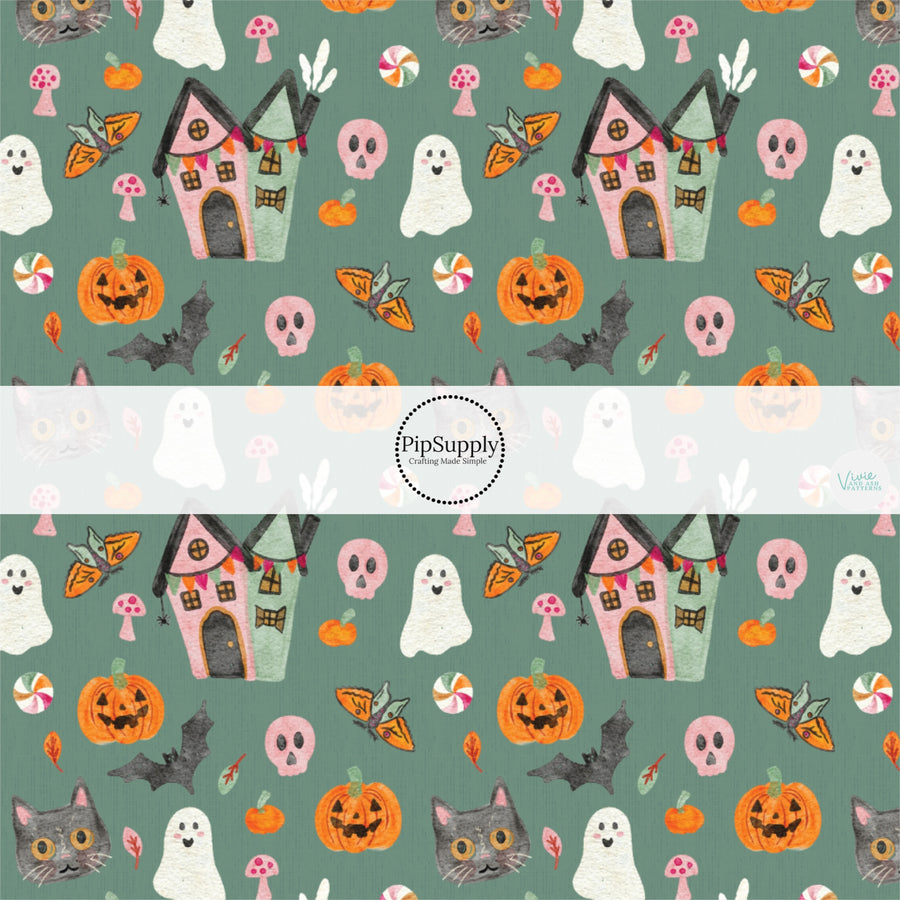 These Halloween themed pattern fabric by the yard features the following design elements: Halloween ghost and pumpkins on green. This fun spooky themed fabric can be used for all your sewing and crafting needs!