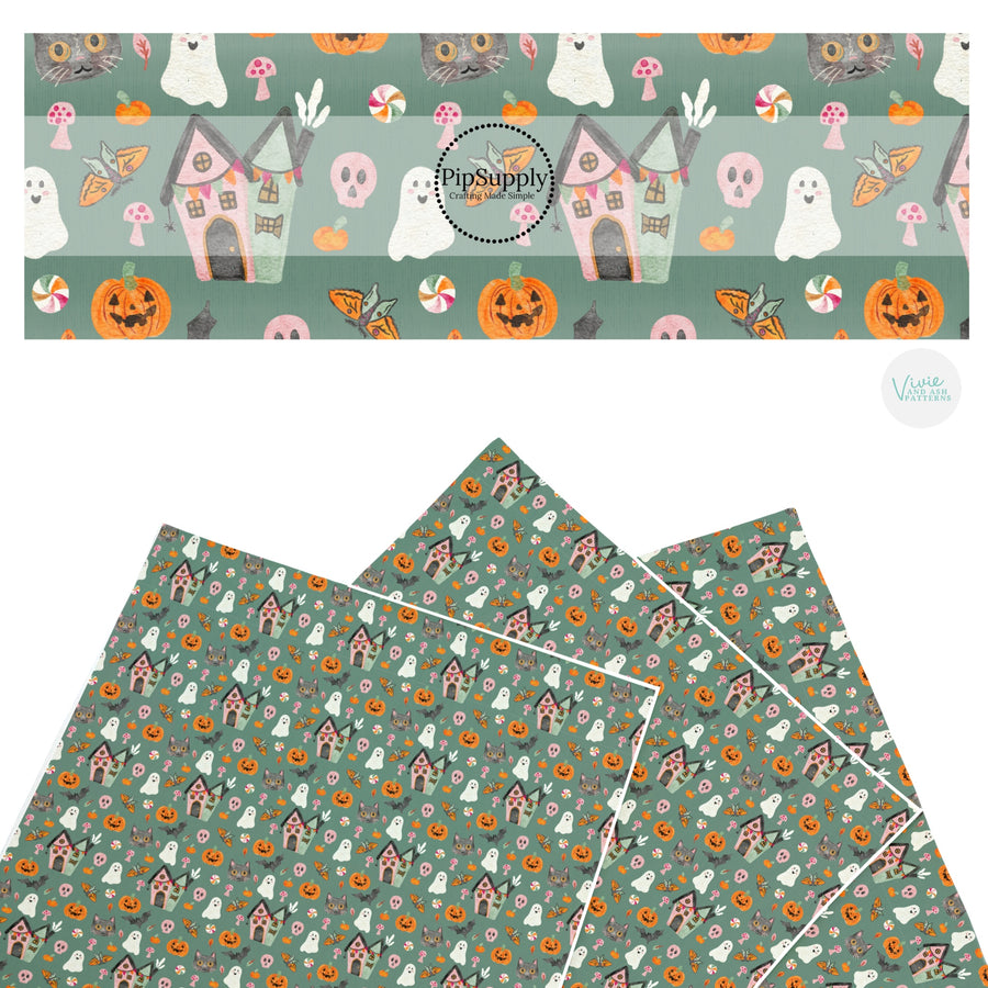 These Halloween themed pattern faux leather sheets contain the following design elements: Halloween ghost and pumpkins on green. Our CPSIA compliant faux leather sheets or rolls can be used for all types of crafting projects.