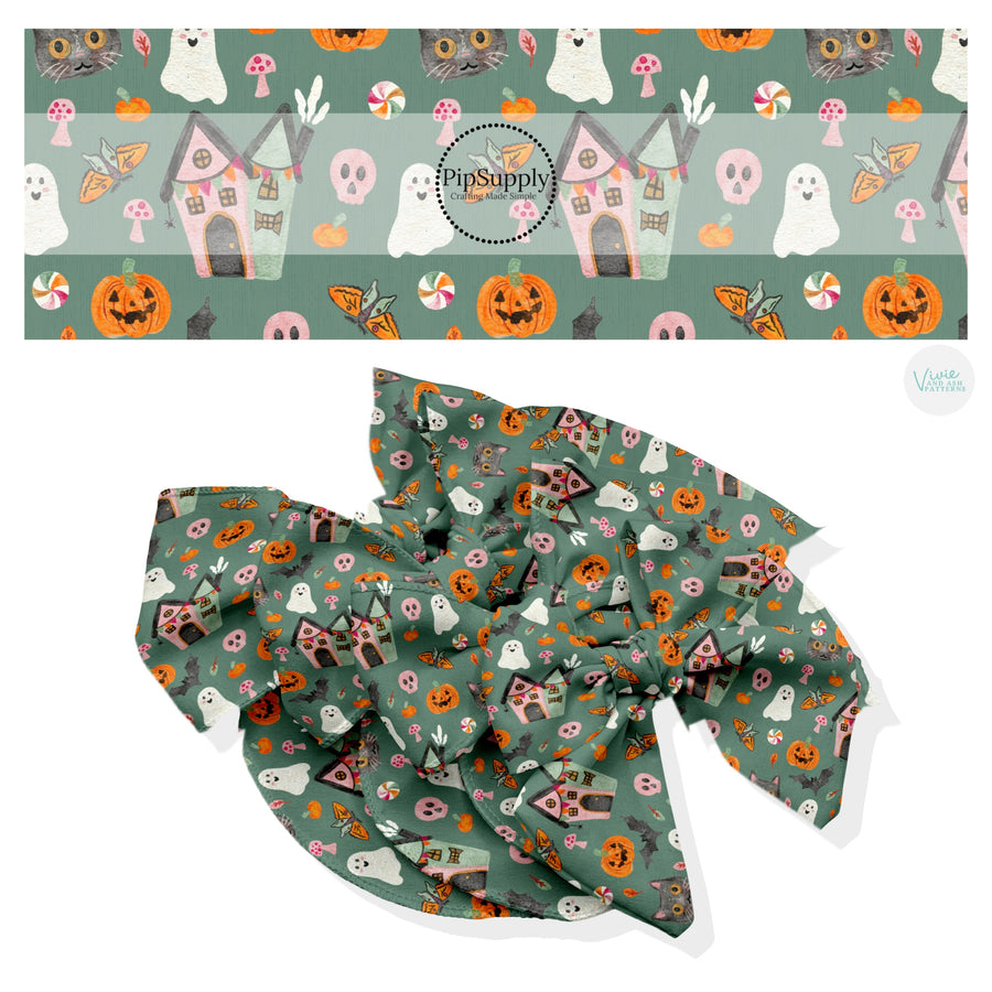 These Halloween themed no sew bow strips can be easily tied and attached to a clip for a finished hair bow. These fun spooky patterned bow strips are great for personal use or to sell. These bow strips feature the following design elements: Halloween ghost and pumpkins on green.