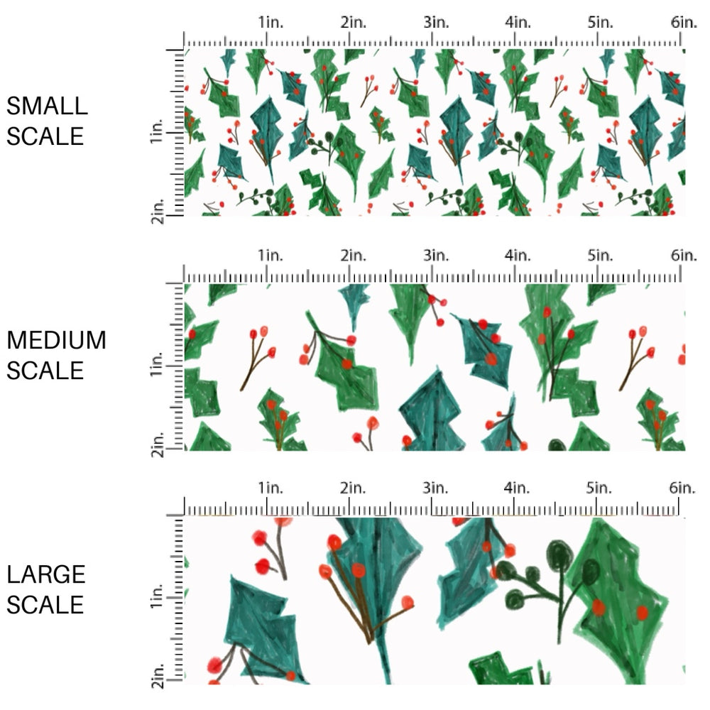 These Christmas themed pattern fabric by the yard features the following design elements: green holly stems on cream. This fun themed fabric can be used for all your sewing and crafting needs!