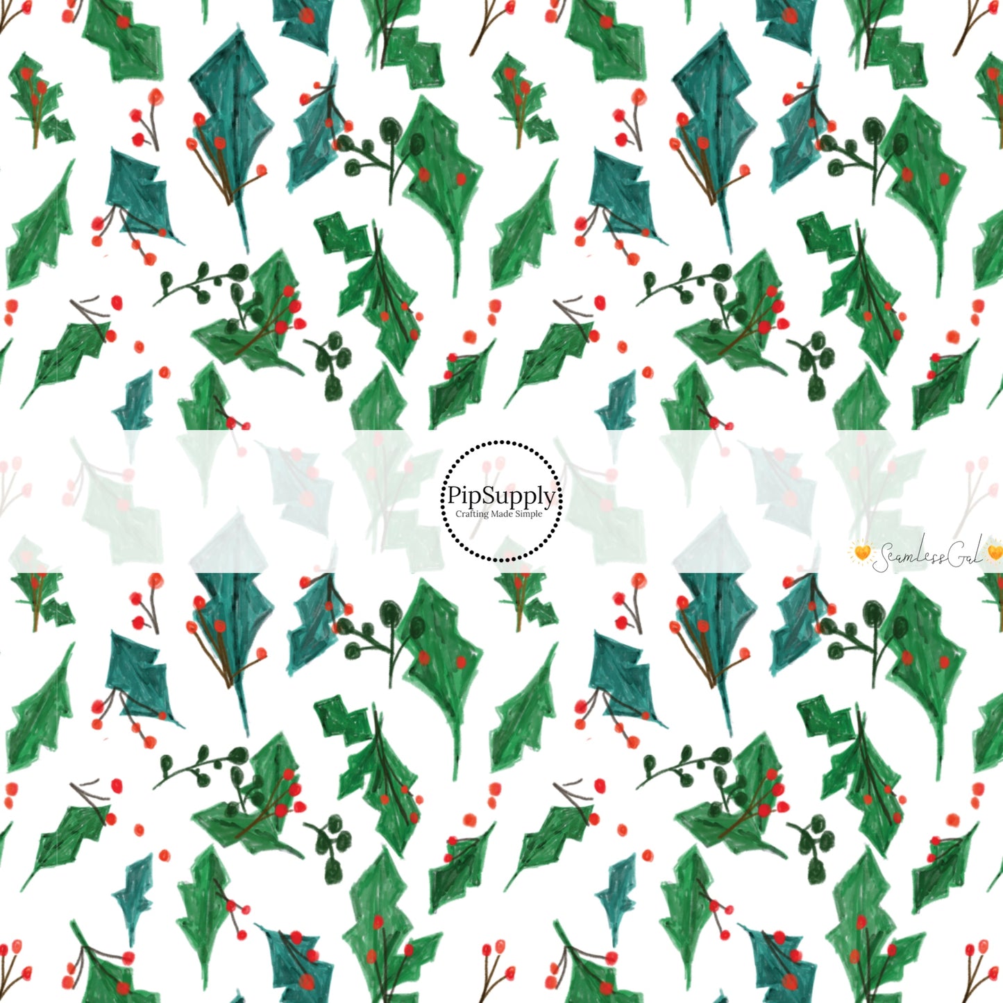 These Christmas themed pattern fabric by the yard features the following design elements: green holly stems on cream. This fun themed fabric can be used for all your sewing and crafting needs!