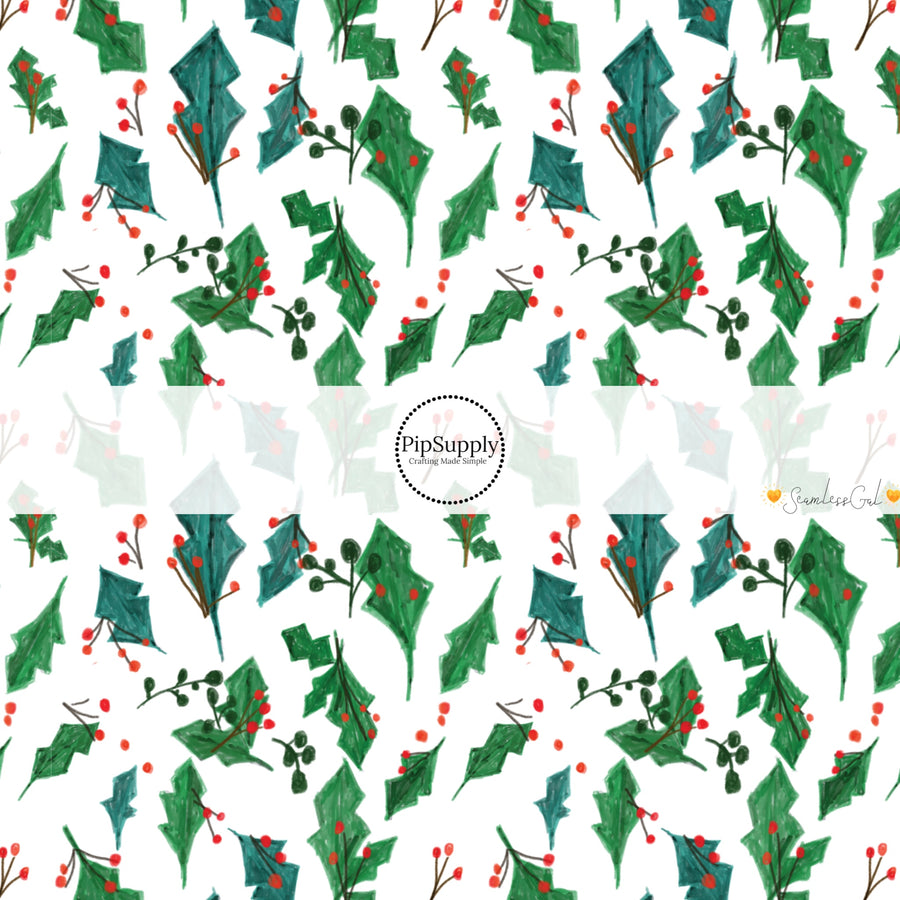 These Christmas themed pattern fabric by the yard features the following design elements: green holly stems on cream. This fun themed fabric can be used for all your sewing and crafting needs!