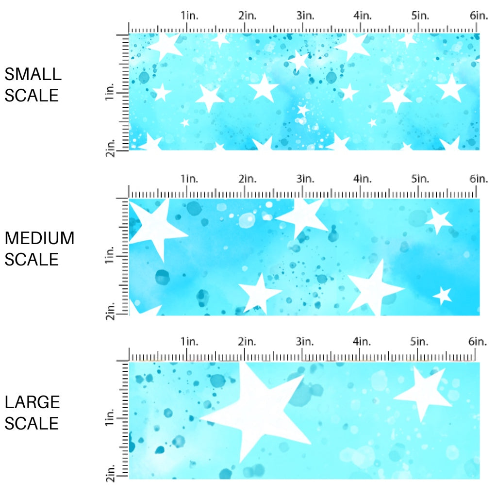 This scale chart of small scale, medium scale, and large scale of this 4th of July fabric by the yard features patriotic white stars on blue. This pattern has a watercolor appearance. This fun patriotic themed fabric can be used for all your sewing and crafting needs!