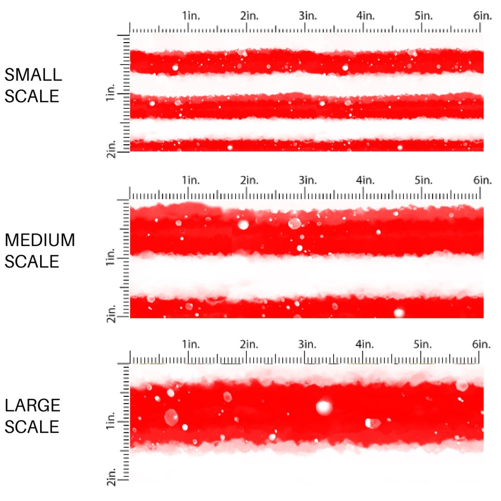 This scale chart of small scale, medium scale, and large scale of this 4th of July fabric by the yard features patriotic white and red stripes. This pattern has a watercolor appearance. This fun patriotic themed fabric can be used for all your sewing and crafting needs!